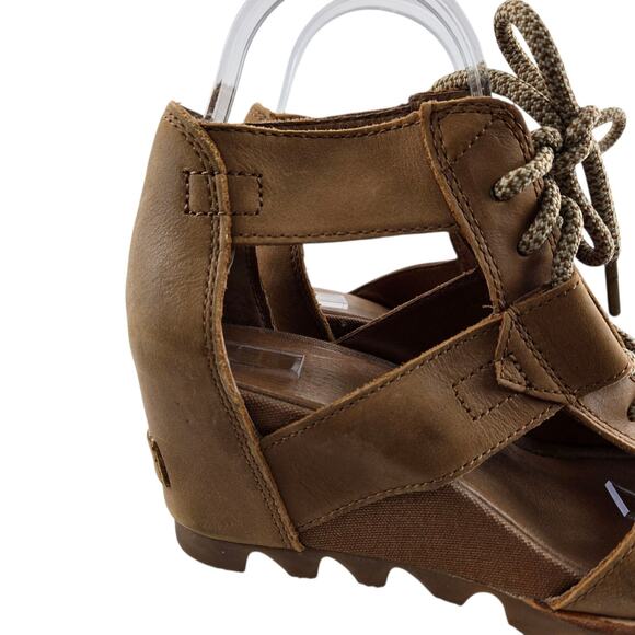 Sorel Sandals Womens 7.5 Joanie Tan Leather Wedge Heel Lace Up Open Toe Bohemian - Picture 2 of 10